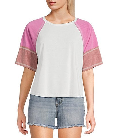 Moa Moa Short Sleeve Color Block Cropped T-Shirt