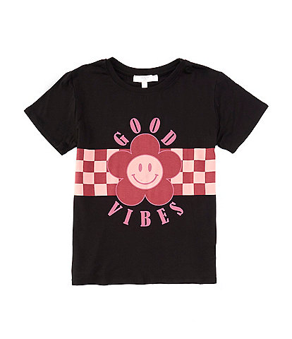 Moa Moa Short Sleeve Flower Smiley Good Vibes Checkered Oversized Graphic T-Shirt