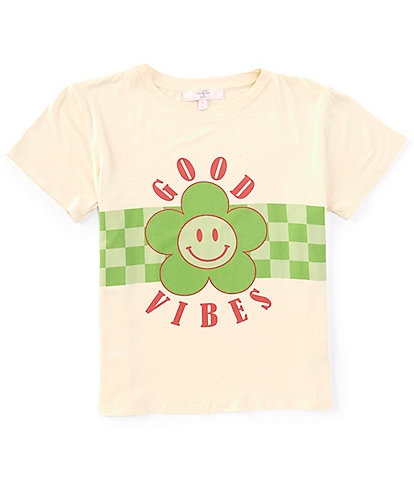 Moa Moa Short Sleeve Flower Smiley Good Vibes Checkered Oversized Graphic T-Shirt