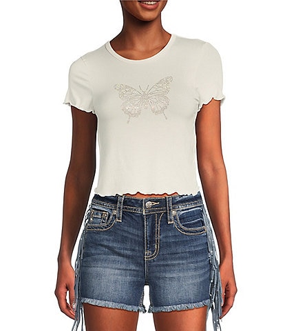 Moa Moa Short Sleeve Rhinestone Butterfly Transfer T-Shirt