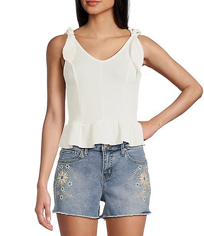 Moa Moa Sleeveless Tie Shoulder Rib Knit Tank Top