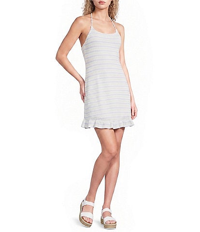 Moa Moa Striped Halter Sleeveless Ruffle Mini Dress