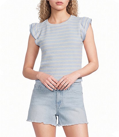 Moa Moa Striped Short Flutter Short Sleeve Crew Neck Top
