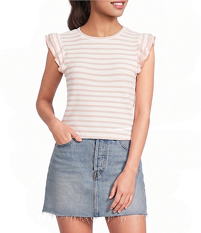 Moa Moa Striped Short Flutter Short Sleeve Crew Neck Top