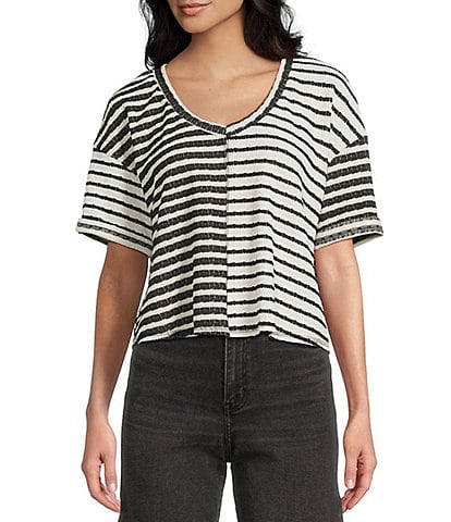 Moa Moa Striped V- Neck Short Sleeve Cropped Top