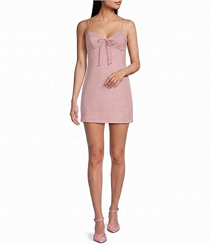 Moa Moa Suede V-Neck Bow Front A-Line Dress