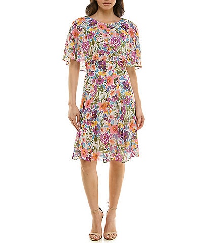 Moda Tara Boat Neck Gold Foil Floral Print Midi Dress