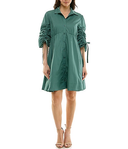 Moda Tara Button Front Collar 3/4 Sleeve Cotton Poplin Shirt Dress