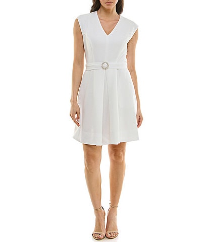 Moda Tara Cap Sleeve V-Neck Pearl Trim Belted Fit and Flare Mini Dress