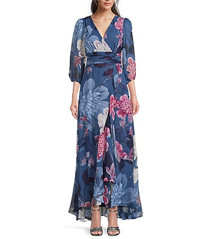 Moda Tara Chiffon 3/4 Sleeve Ruffle Floral Print V-Neck Wrap Dress