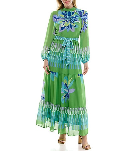 Moda Tara Chiffon Long Sleeve Mock Neck Floral Placement Print A-Line Maxi Dress