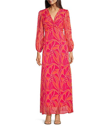 Moda Tara Long Sleeve V-Neck Tropical Print Twist Tie A-Line Maxi Dress
