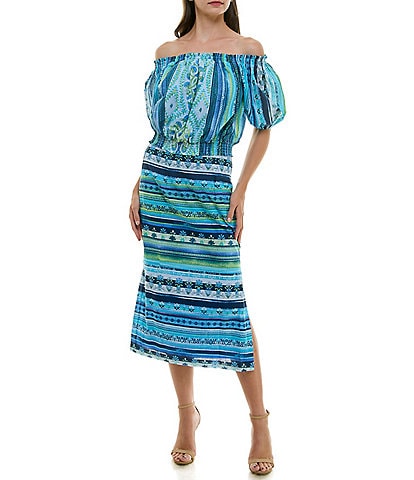 Moda Tara Off-The-Shoulder Short Puff Sleeve Midi 2-Piece Skirt Set