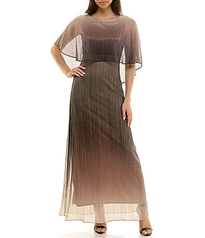 Moda Tara Ombre Print Crinkle Lurex Mesh Short Capelet Sleeve Gown