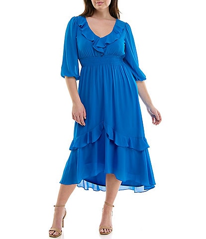 Moda Tara Plus Size 3/4 Sleeve Tiered Ruffled Smocked Chiffon Midi Dress
