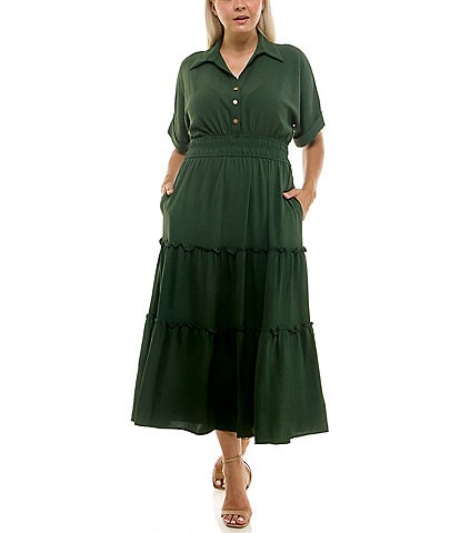 Moda Tara Plus Size Button Front Tiered Midi Shirt Dress