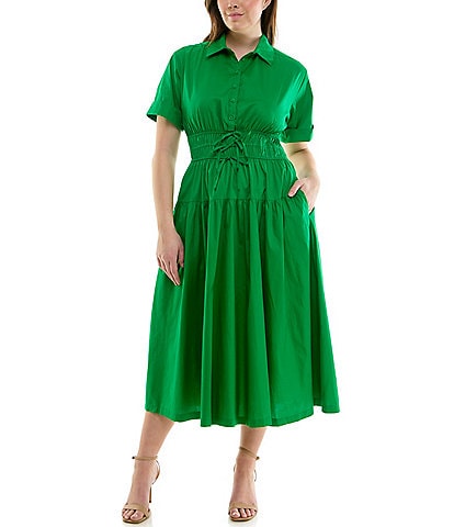 Moda Tara Plus Size Short Sleeve Button Front Poplin Shirt Dress