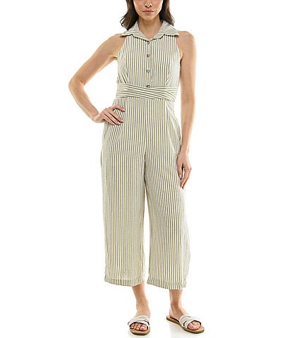 Moda Tara Point Collar Striped Jumpsuit