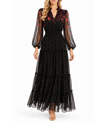 Moda Tara Printed Chiffon Button Front Tiered Maxi Dress