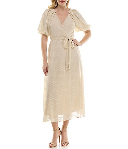Moda Tara Short Puffed Sleeve V-Neck Chiffon A-Line Midi Dress