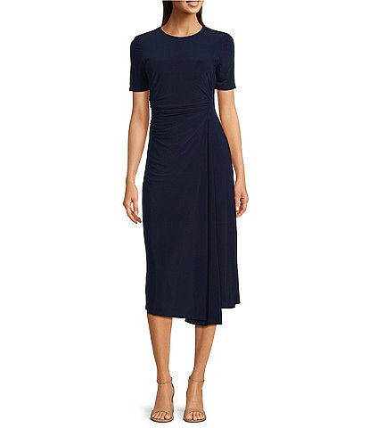 Moda Tara Short Sleeve Stretch Knit Crew Neck Midi Sheath Dress