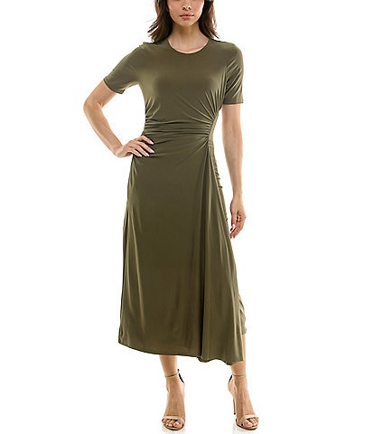 Moda Tara Short Sleeve Stretch Knit Crew Neck Midi Sheath Dress