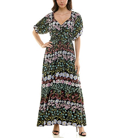 Moda Tara Short Sleeve V-Neck Floral Printed Maxi Dress
