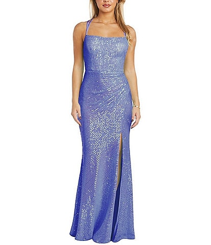 Morgan & Co. Long Iridescent Strappy Back Stretch Allover Sequin Long Dress