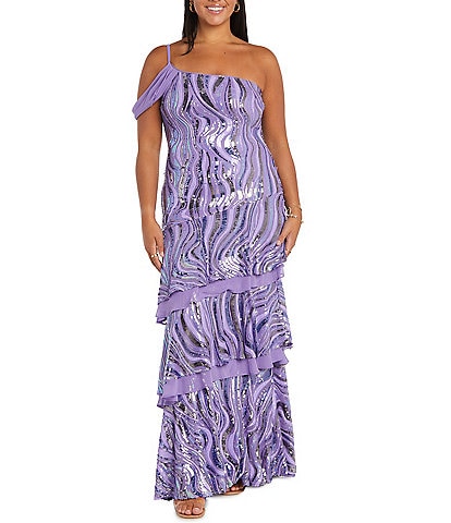 Morgan & Co. One Shoulder Long Tiered Pattern Sequin Dress