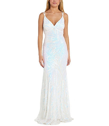 Morgan & Co. Pattern Sequin Cage Back Long Dress