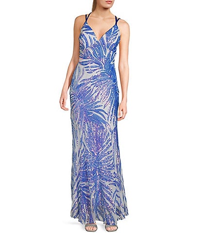 Morgan & Co. Pattern Sequin Cage Back Long Dress