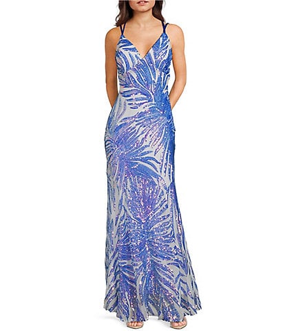 Morgan & Co. Pattern Sequin Cage Back Long Dress