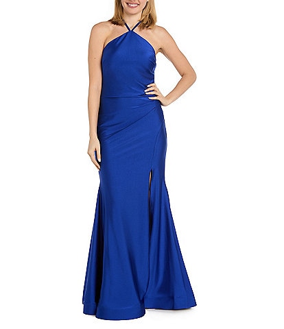 Morgan & Co. Satin Halter Neck Bar Back Front Slit Bodycon Dress