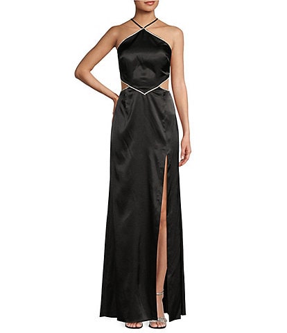 Morgan & Co. Satin Rhinestone Trim Halter Neck Side Cut-Out Long Dress