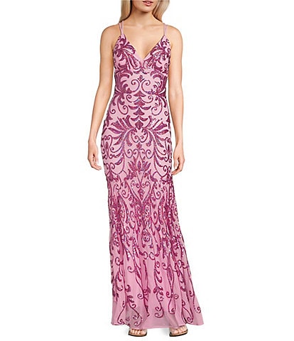 Morgan & Co. Sequin Pattern Contrast Beading V-Neck Spaghetti Strap Dress