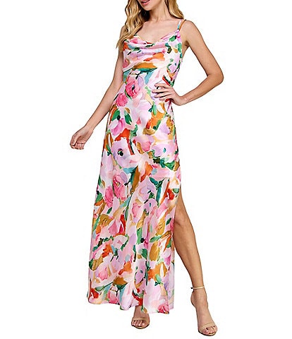 Morgan & Co. Sleeveless Cowl Neck Long Printed Satin Dress