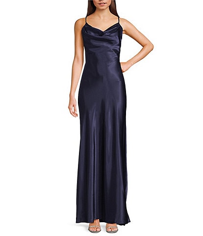Morgan & Co. Sleeveless Long Spaghetti Strap Charmeuse Draped Front And X Back Long Dress