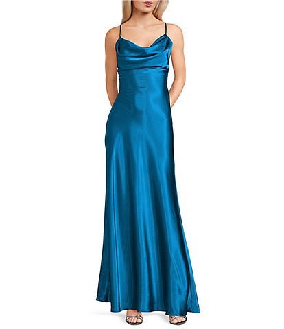 Morgan & Co. Sleeveless Long Spaghetti Strap Charmeuse Draped Front And X Back Long Dress
