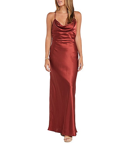 Morgan & Co. Sleeveless Long Spaghetti Strap Charmeuse Draped Front And X Back Long Dress