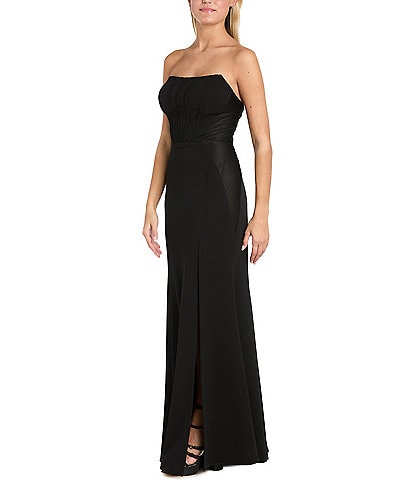 Morgan & Co. Strapless Bustier-Bodice Stretch Scuba Crepe Long Dress