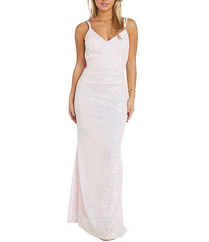 Morgan & Co. Strappy Back Iridescent Rainbow Sequin Long Gown
