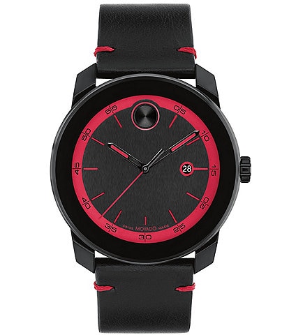 Movado Bold Men's TR90 Quartz Analog Black Leather Strap Watch