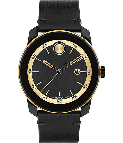 Movado Bold Men's TR90 Quartz Analog Gold Tone Black Leather Strap Watch