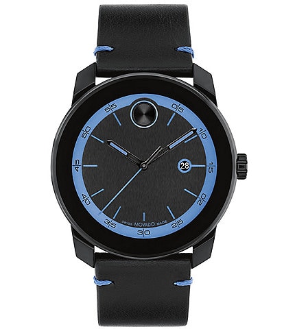 Movado Bold Men's TR90 Quartz Analog Blue Detail Black Leather Strap Watch