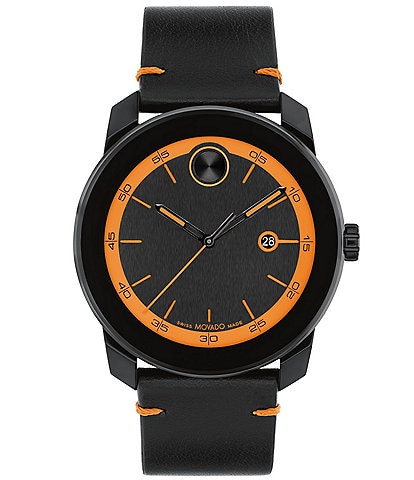 Movado Bold Men's TR90 Quartz Analog Orange Detail Black Leather Strap Watch