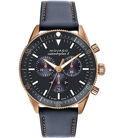 Movado Men's Calendoplan Quartz Chronograph Navy Leather Strap Watch