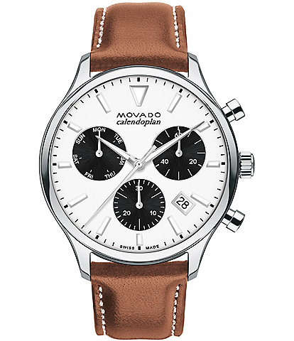 Movado Men's Heritage Quartz Chronograph Cognac Brown Leather Strap Watch