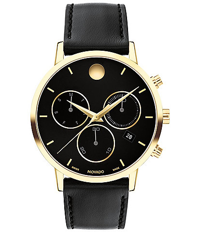 Movado Men's Museum Classic Quartz Chronograph Yellow Gold PVD Case Black Leather Strap Watch
