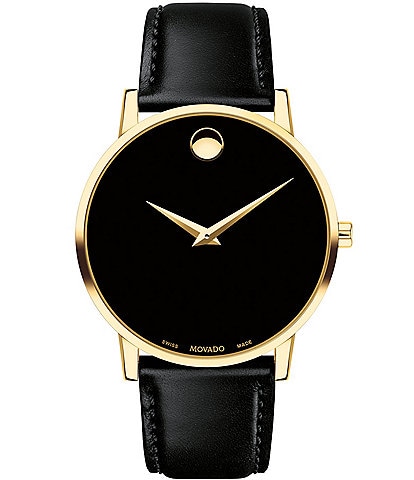 Movado Museum Classic Gold-Toned Case Black Calfskin Watch