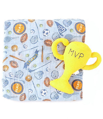 Mud Pie Baby Boy Sports Print Swaddle Blanket & Rattle Set